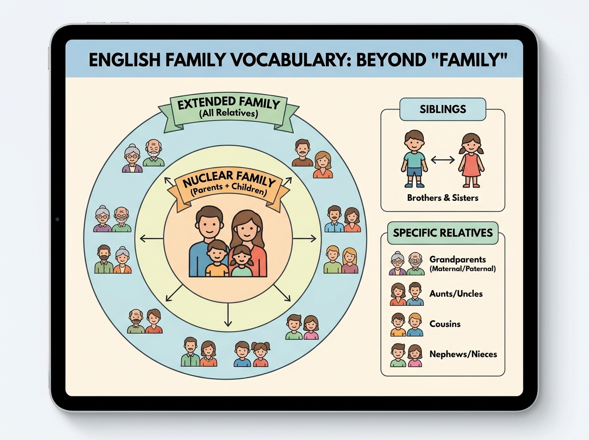 Family members vocabulary in English: nuclear family, extended family, sibling, grandparents