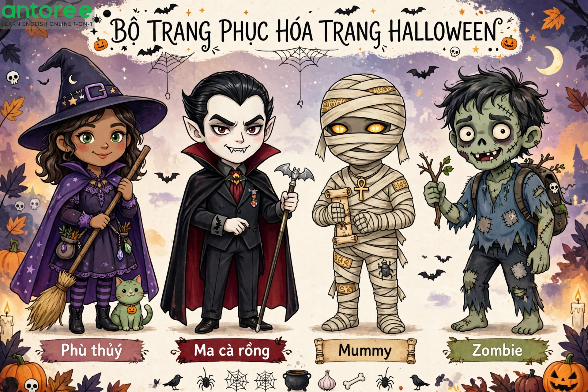 Halloween costumes: witch, vampire, mummy, zombie