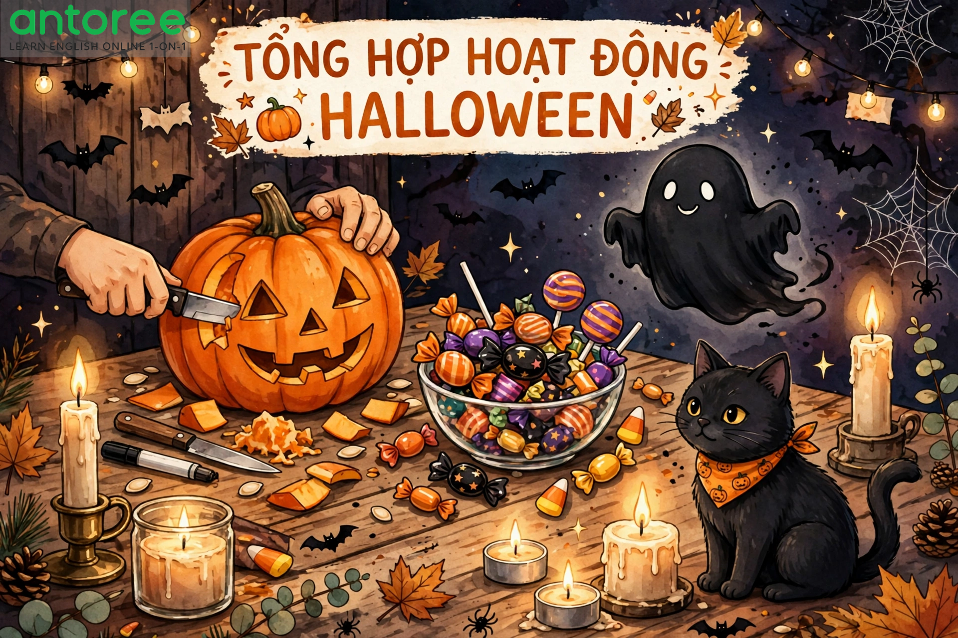 Halloween traditions: jack-o'-lantern, candy, costumes, ghost, black cat